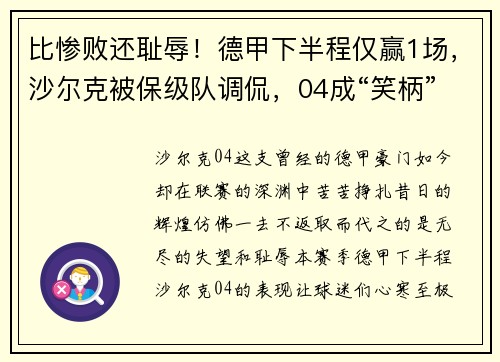 比惨败还耻辱！德甲下半程仅赢1场，沙尔克被保级队调侃，04成“笑柄”