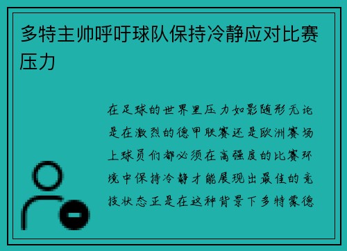 多特主帅呼吁球队保持冷静应对比赛压力