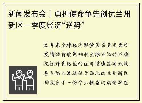 新闻发布会｜勇担使命争先创优兰州新区一季度经济“逆势”