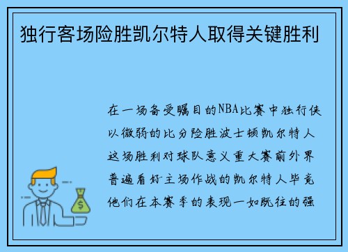 独行客场险胜凯尔特人取得关键胜利