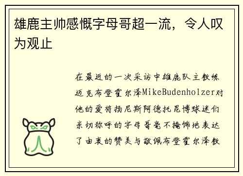 雄鹿主帅感慨字母哥超一流，令人叹为观止