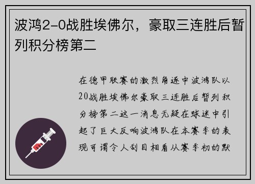 波鸿2-0战胜埃佛尔，豪取三连胜后暂列积分榜第二