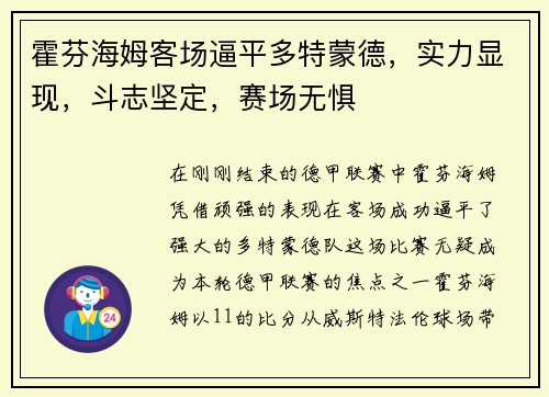 霍芬海姆客场逼平多特蒙德，实力显现，斗志坚定，赛场无惧