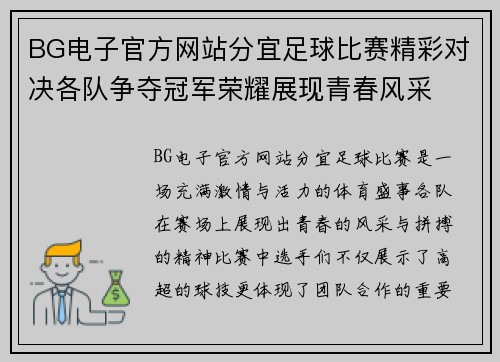 BG电子官方网站分宜足球比赛精彩对决各队争夺冠军荣耀展现青春风采