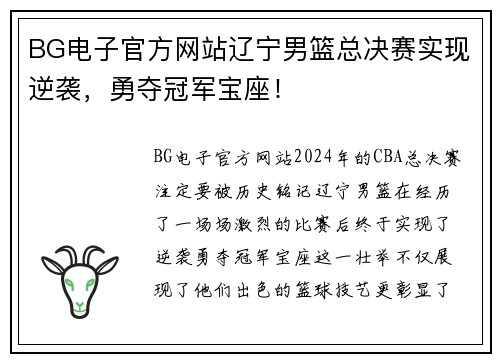 BG电子官方网站辽宁男篮总决赛实现逆袭，勇夺冠军宝座！