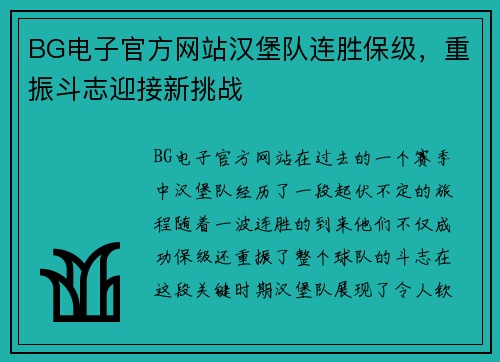 BG电子官方网站汉堡队连胜保级，重振斗志迎接新挑战